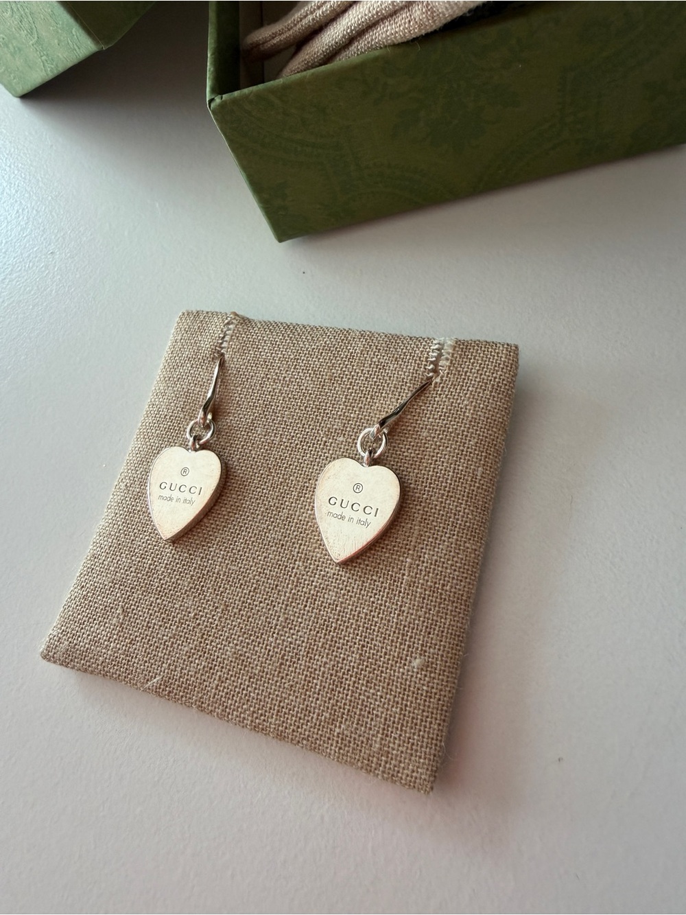 Gucci Silver Heart Drop Earrings with Logo